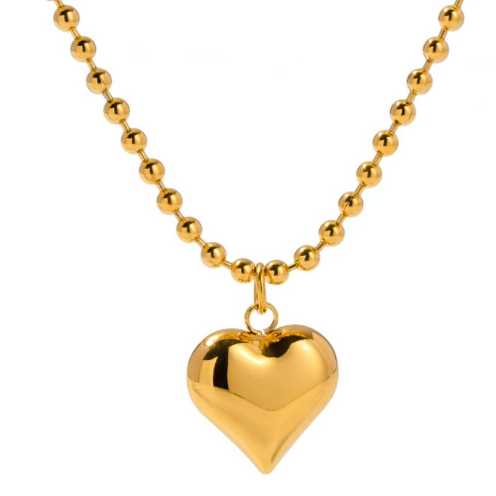 Waterproof Heart Pendant Small‎ Bead Stainless Steel Necklace 18K Gold Plated